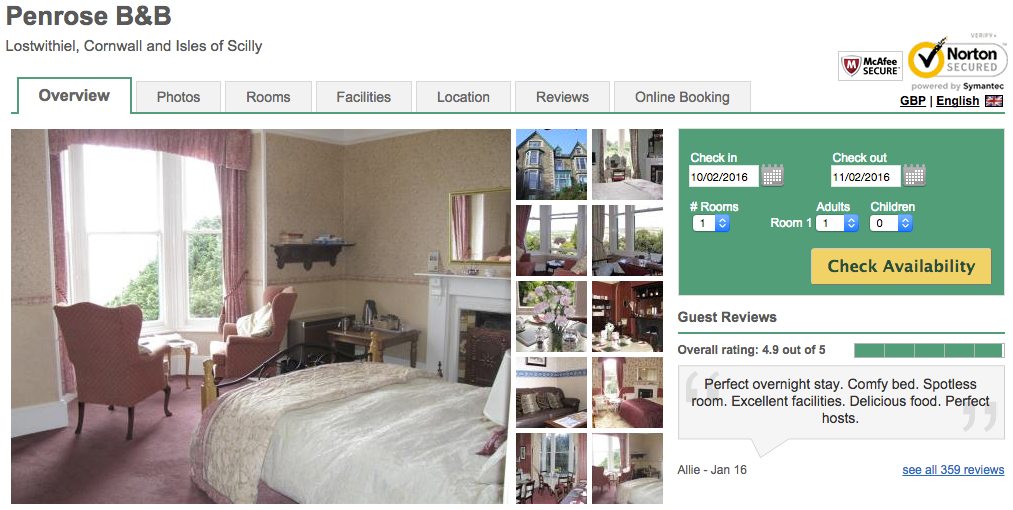 Penrose B&B booking using Eviivo